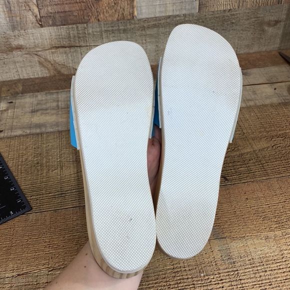 Hanna Andersson Blue Laser Cutout Slides Wood Sandals Womens 39 Slip On - Picture 15 of 16